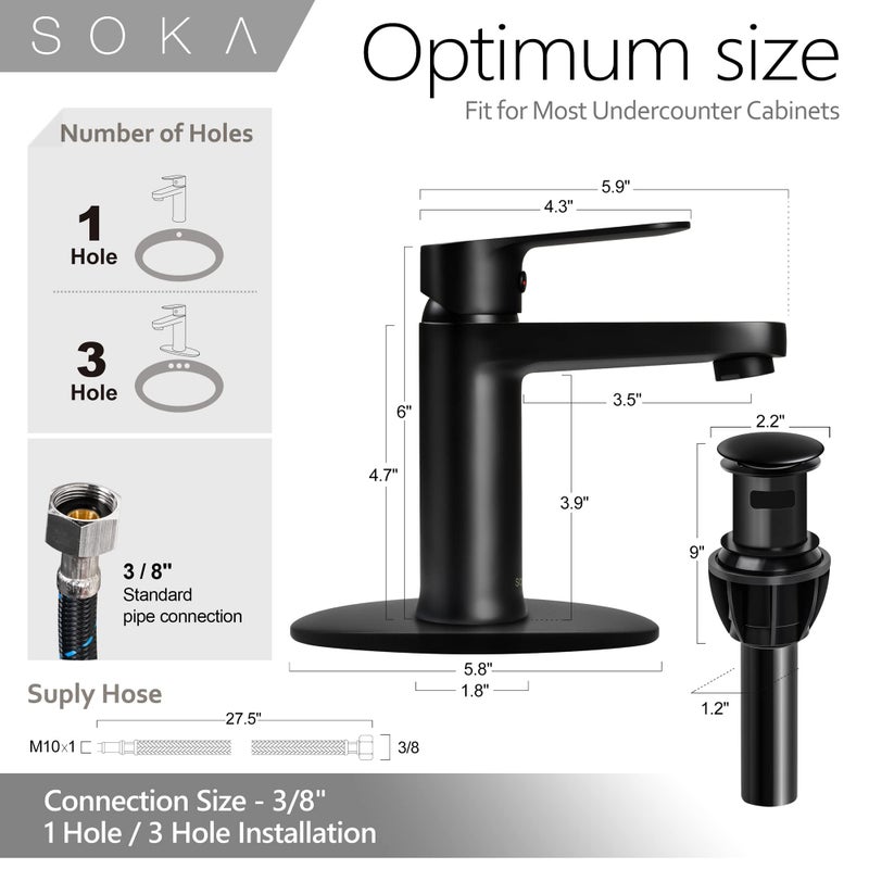 SOKA Brass Bathroom Faucet Matte Black with Pop-up Sink Drain Stopper & Deck Plate - 1 or 3 Hole Single Handle RV Faucet - Image 5